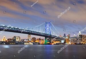 Skyline on the Delaware River with Ben Franklin Bridge at Dusk